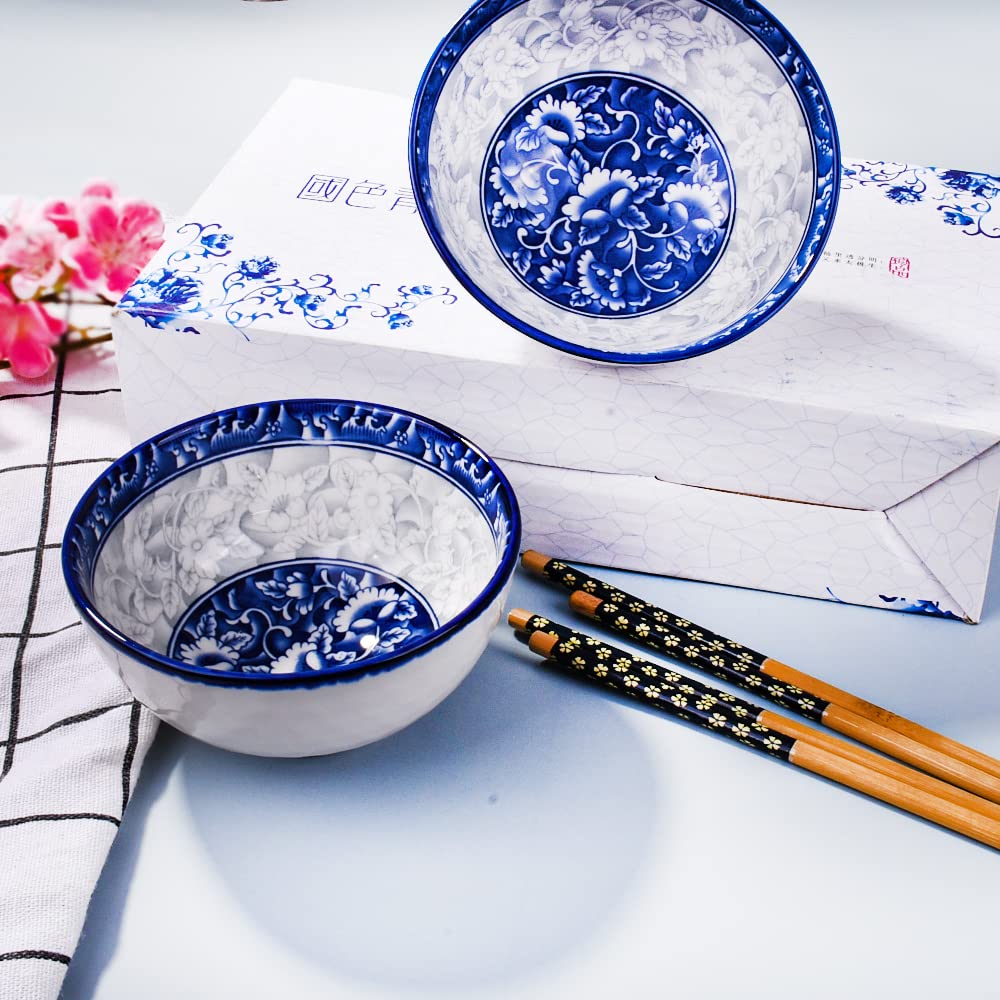 Ceramic Rice Bowls And Chopsticks Set Of 2, Chinese Porcelain Rice Bowls With Delicate Box For Rice Soup(2)